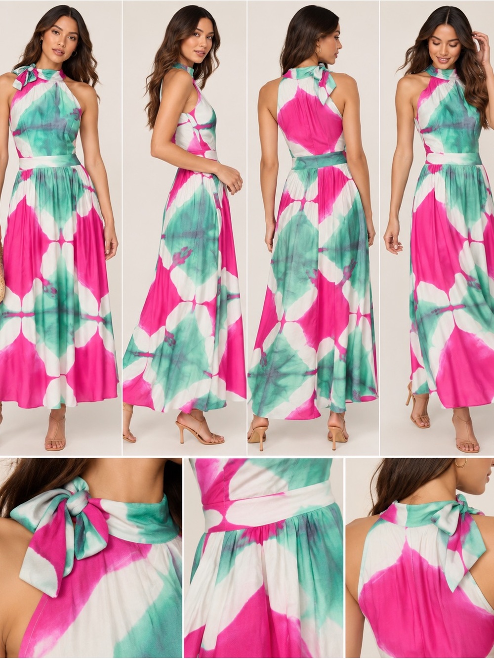 Busayo Collective Halter Maxi Dress Pink Teal Abstract Print Size 6 NWOT